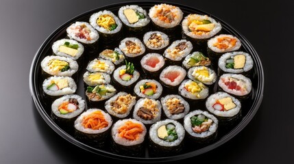 Freshly Made Korean Gimbap Sushi Rolls Arranged Artfully on Black Plate with Studio Lighting Enhancing Vibrant Fillings