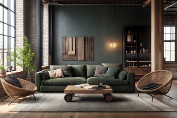 Photo style Living room interior in loft, industrial style, 3d render  