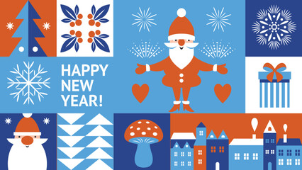 Colorful Geometric Christmas  Background, Modern style, Santa Claus and design elements, blue colors