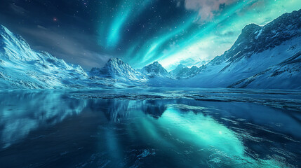 Naklejka premium arctic landscape with northern lights reflection in frozen lake - blue, green, night, mountains, stars
