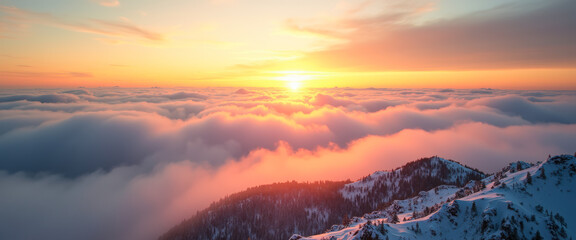 Naklejka premium Sunset Over Snowy Mountain Peaks