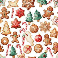 Watercolor Colorful Cute Christmas Cookies on White Background Seamless Pattern Wallpaper