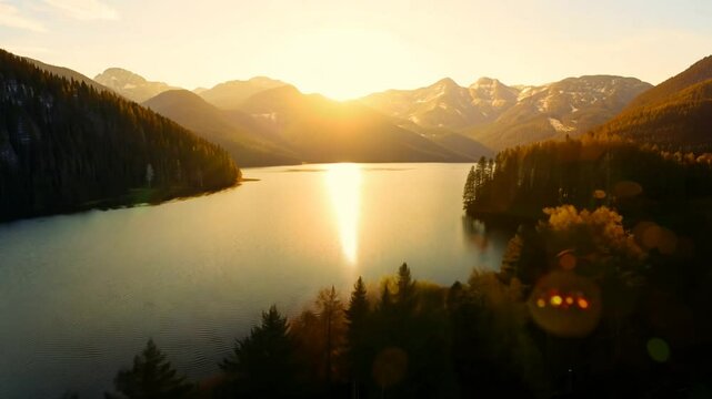 Aerial footage of a tranquil lake in the forest, with a mountain range in the background at sunset