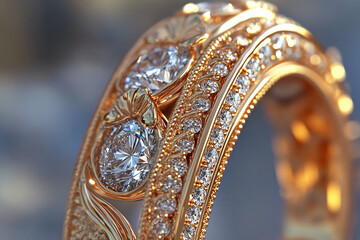 close-up of a gold and diamond ring on a blurred background