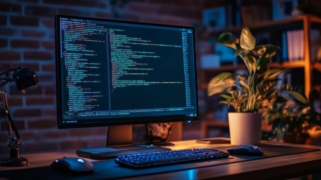 Desktop computer monitor code screen is placed wooden A setup