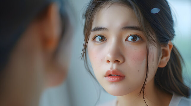 Dermatology, scratch asian young woman looking at mirror, expression worry and itch, itchy allergy or allergic sensitive reaction, red spot or rash on her face. Beauty care from ski