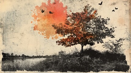 Abstract autumn background. Photocopy stippled style with collage elements of autumn