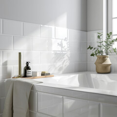 A serene bathroom featuring white tiles on walls, stylish bathtub, and touch of greenery. natural light enhances calming atmosphere, perfect for relaxation