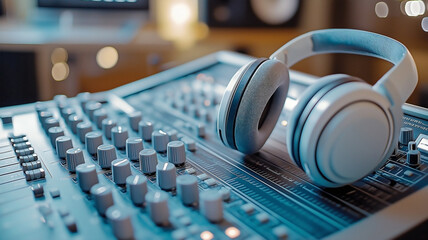 podcasting equipment in a studio, focusing on a mixing console and headphones