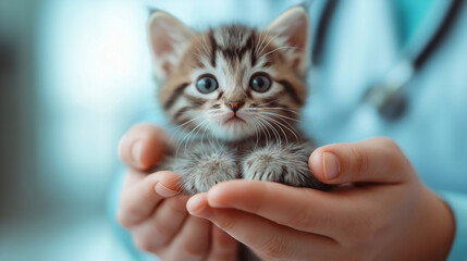a veterinarian's hands gently holding a small and adorable kitten