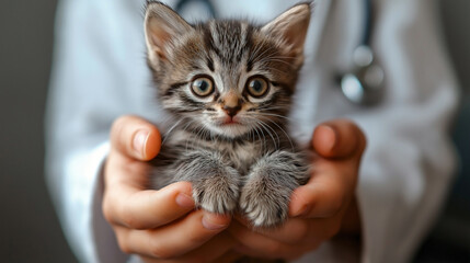 a veterinarian's hands gently holding a small and adorable kitten