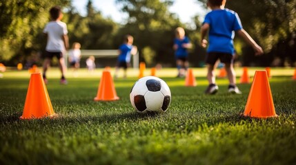 Group children playing soccer grassy field There are Little Boy Pick Up