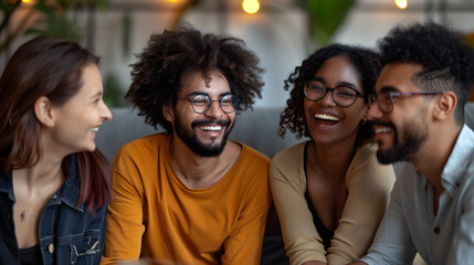 Diverse group of happy young friends having fun together. Smiling mixed race multi ethnic people talking and sharing interesting stories while sitting on the sofa at a friendly get