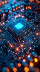 Obraz premium A close up view of microprocessor chip surrounded by intricate circuitry, illuminated by glowing blue and orange lights, showcasing advanced technology and innovation