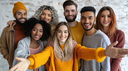 Diverse group of happy cheerful young multiethnic people standing together, looking at the camera, smiling, extending their hands and doing an inviting gesture, telling you