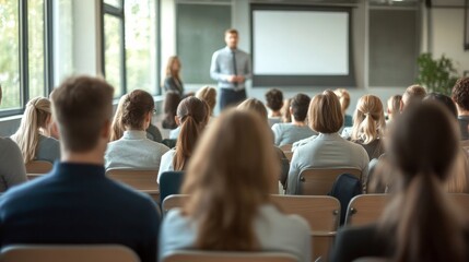 Fototapeta premium Group people sitting lecture hall attentively listening to of diverse