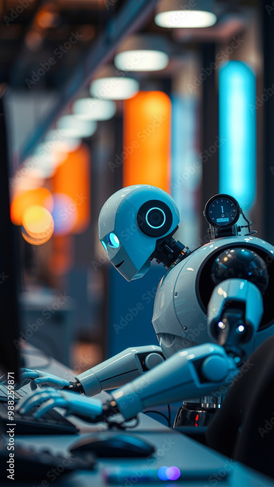 Poster robot typing on a computer