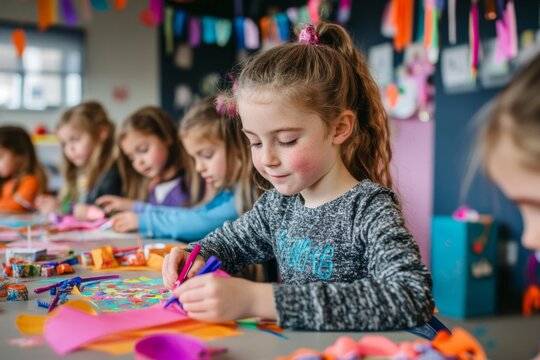 Group young girls sitting table classroom They are Children's Christmas Craft Workshop