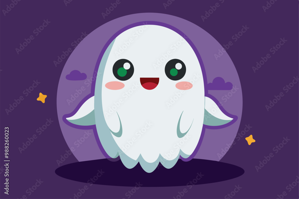 Poster a charming ghost with a big smile and sparkling eyes floats against a deep purple night sky, creatin