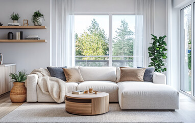 Cozy living room with modern furnishings and natural light in a serene suburban setting