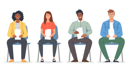 Diverse young people sitting in row waiting for job interview. Group of job applicants holding paper documets and resumes preparing for job interview. Vacancy applicants candidates
