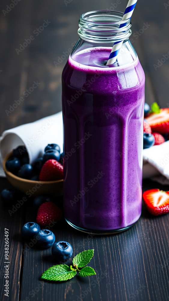 Wall mural Blueberry Smoothie in a Glass Jar with Fresh Berries