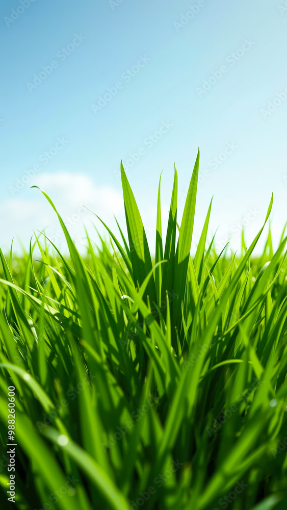 Wall mural Closeup of Green Grass Blades with Blue Sky in Background