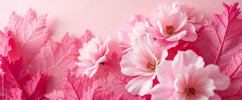 Wall mural Pink Flowers and Leaves on Pink Background