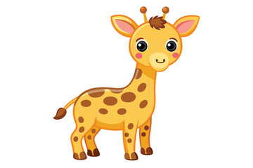 A playful cartoon giraffe with big eyes and spots stands happily against a white background, ideal for children's books and fun learning resources.