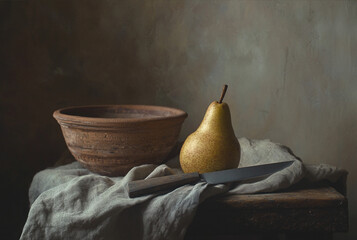 composition focusing on a pear placed on a rustic kitchen table with a soft and very slightly textured fabrics, a kitchen knife lays harmoniously on the table