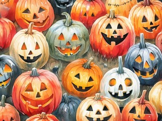 Watercolor Painting of Jack-O-Lantern Pumpkins for Halloween