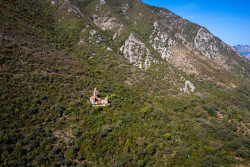 aerial view on old church in Kotor bay in Montenegro