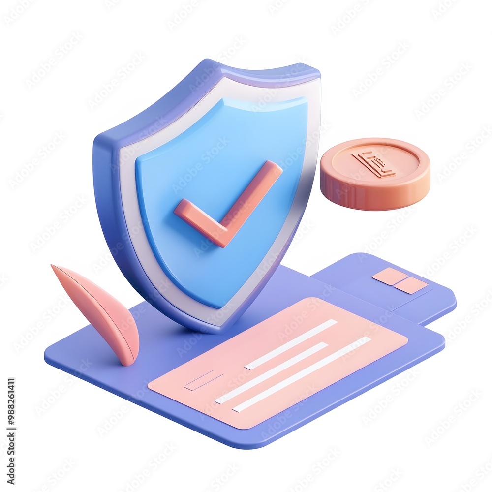 Poster 3d shield protection icon with check for online payment on white background concept, user account fo