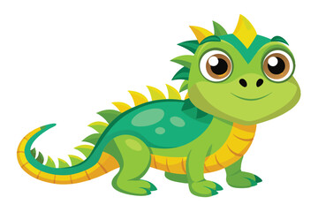 Fototapeta premium A cheerful cartoon iguana stands bright and playful, showcasing vibrant green and yellow colors against a clean white background, evoking a joyful atmosphere.