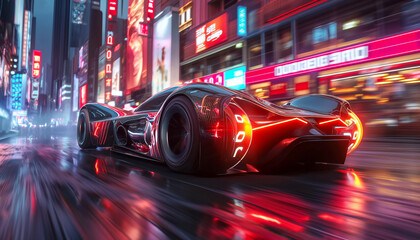 A Futuristic Sports Car Races Through a Neon-Lit Cityscape, 4k , wallpaper
