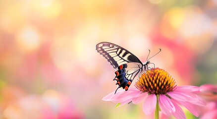 Fototapeta premium Schöner Schmetterling auf einer Blume vor verschwommenem Hintergrund. Bunte Naturszene mit einem Makrofoto eines Schmetterlings.