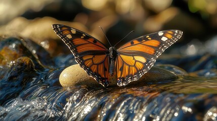 Obraz premium A serene butterfly with outstretched wings resting on a smooth pebble by a rippling stream The image captures the soothing rhythms of water and nature, evoking peace and calm