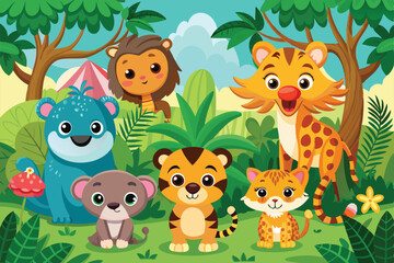 Naklejka premium A lively group of cute cartoon jungle animals gathers among lush greenery, enjoying their playful day amidst vibrant plants and trees.
