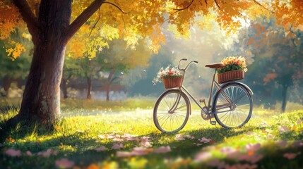 Fototapeta premium bicycle leaning against a tree in a sunny park, with a small basket of flowers