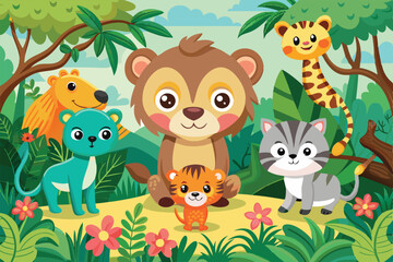 Naklejka premium A joyful collection of cartoon animals enjoys a playful moment in a lush jungle filled with colorful plants and flowers.