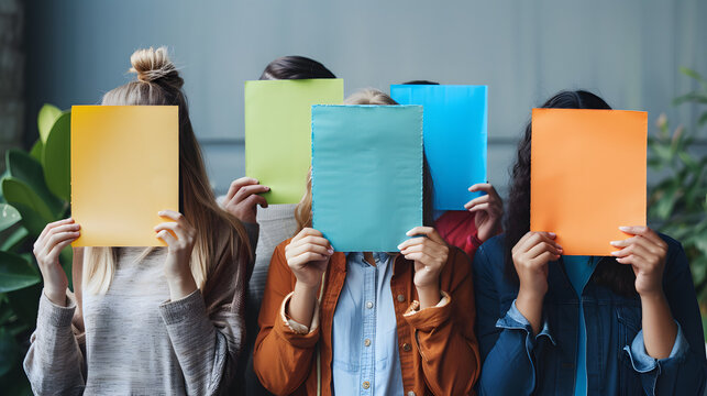 Faceless people sharing message or expressing opinion in anonymous survey. Group of unrecognizable young college or university students covering faces with multicolored paper mockup