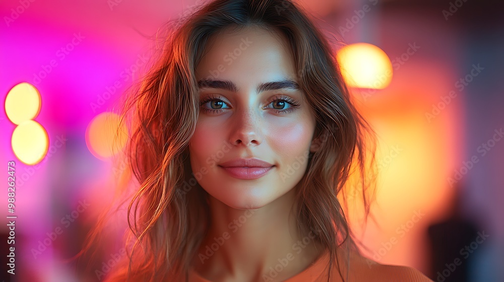 Poster Young woman with brown hair and eyes smiling in neon light.