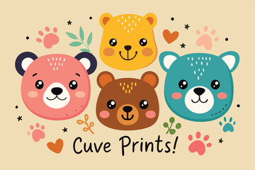 Fototapeta premium Cute bear faces surround charming quotes and artistic elements, creating a delightful pattern perfect for children's decor or apparel.
