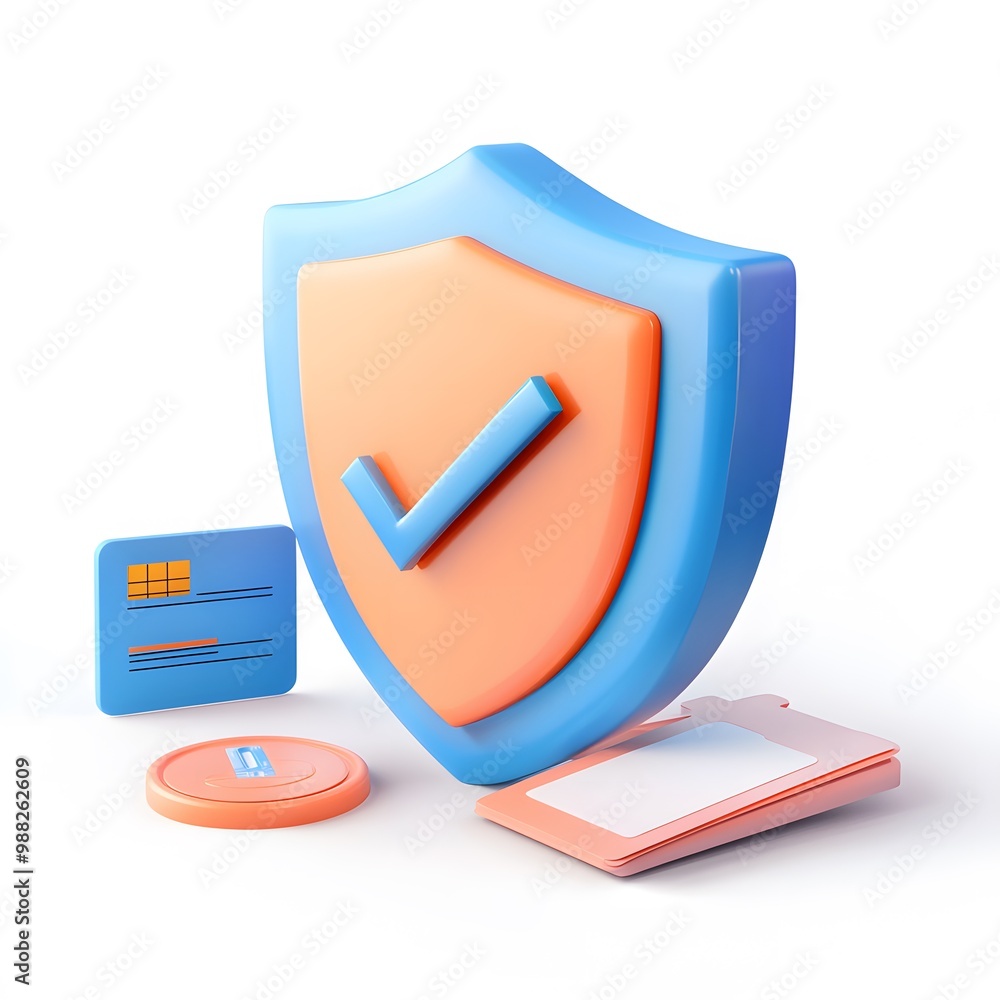 Poster 3d shield protection icon with check for online payment on white background concept, user account fo