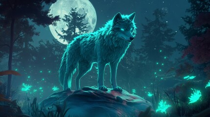 Enchanting Teal Wolf Amid Moonlit Forest Magic