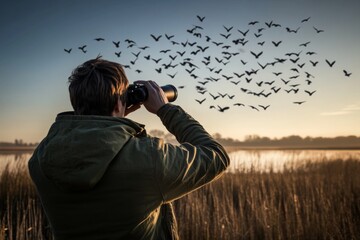 Obraz premium Person standing field holding pair binoculars looking through Birdwatcher observing marsh birds
