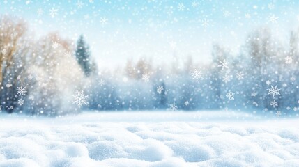 Stunning winter scene featuring snow and a blurred forest backdrop with softly falling snowflakes against a clear blue sky offering ample space for your design Wide panoramic view