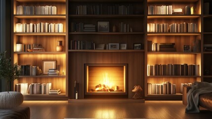  fireplace surrounded by built-in wooden shelves, filled with books and simple decor