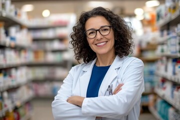 Portrait middle-aged woman curly hair glasses standing pharmacy Middle age female latin