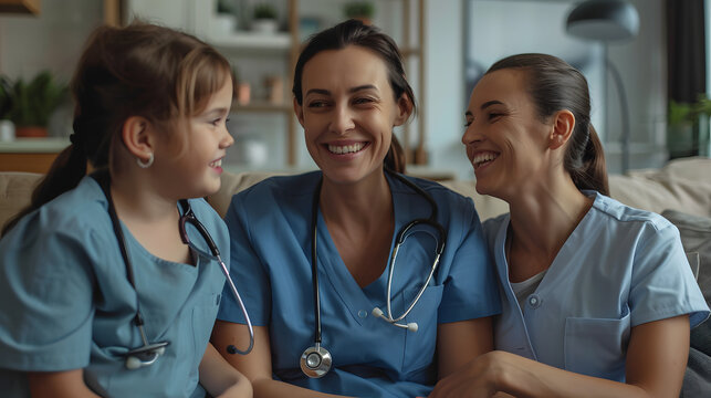 Family practitioner or pediatrician doing a home visit. Happy young woman doctor in scrubs and smiling mother and child daughter sitting on the sofa in the living room and talking